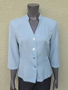 AGB (Byer California) Ladies Light Blue Collarless V Neck Button Blazer